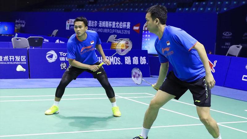 Ganda putra Indonesia, Hendra Setiawan/Mohammad Ahsan sedang melakukan latihan di China.